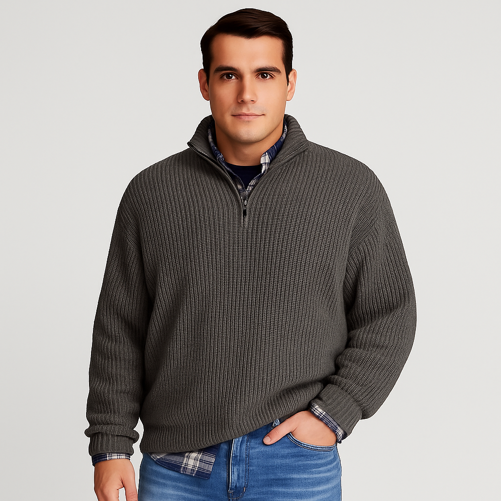 Men’s Half Zip Sweater – Ribbed And Stand Collar Style