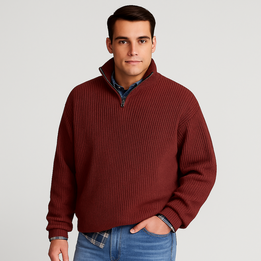 Men’s Half Zip Sweater – Ribbed And Stand Collar Style