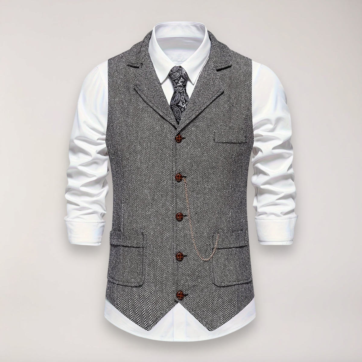 Men’s Herringbone Waistcoat – Classic Fit with Reversed Collar