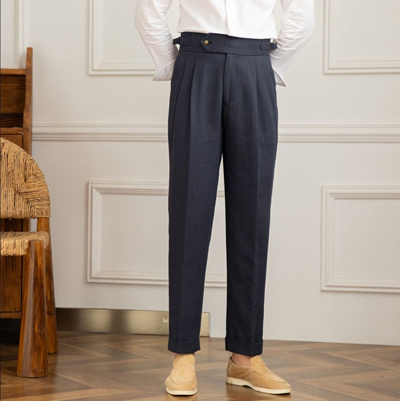 Men's High Waisted Pleated Trousers with Side Adjuster - Italian Style