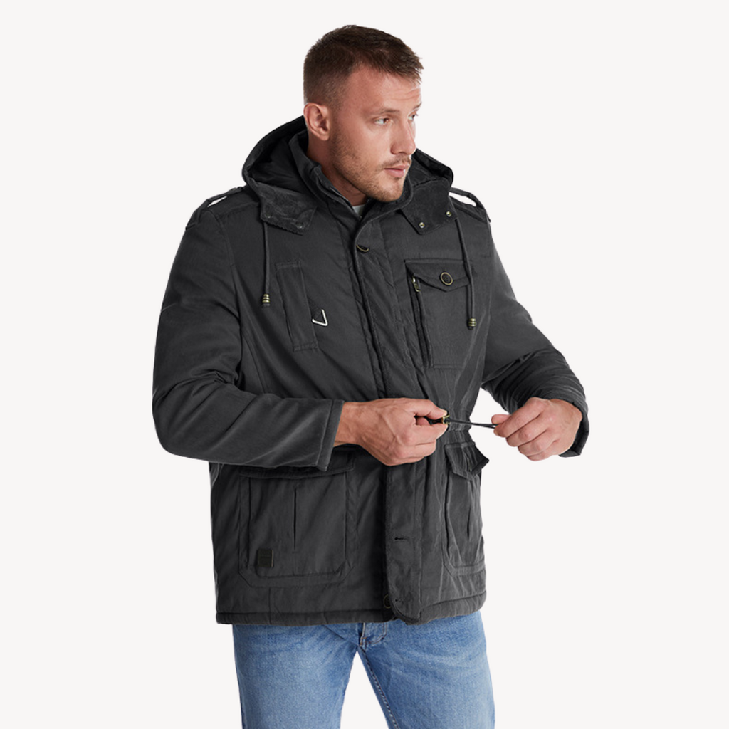 Men’s Hooded Utility Jacket – Zip-Through Parka with Lined Interior & Multi Pockets