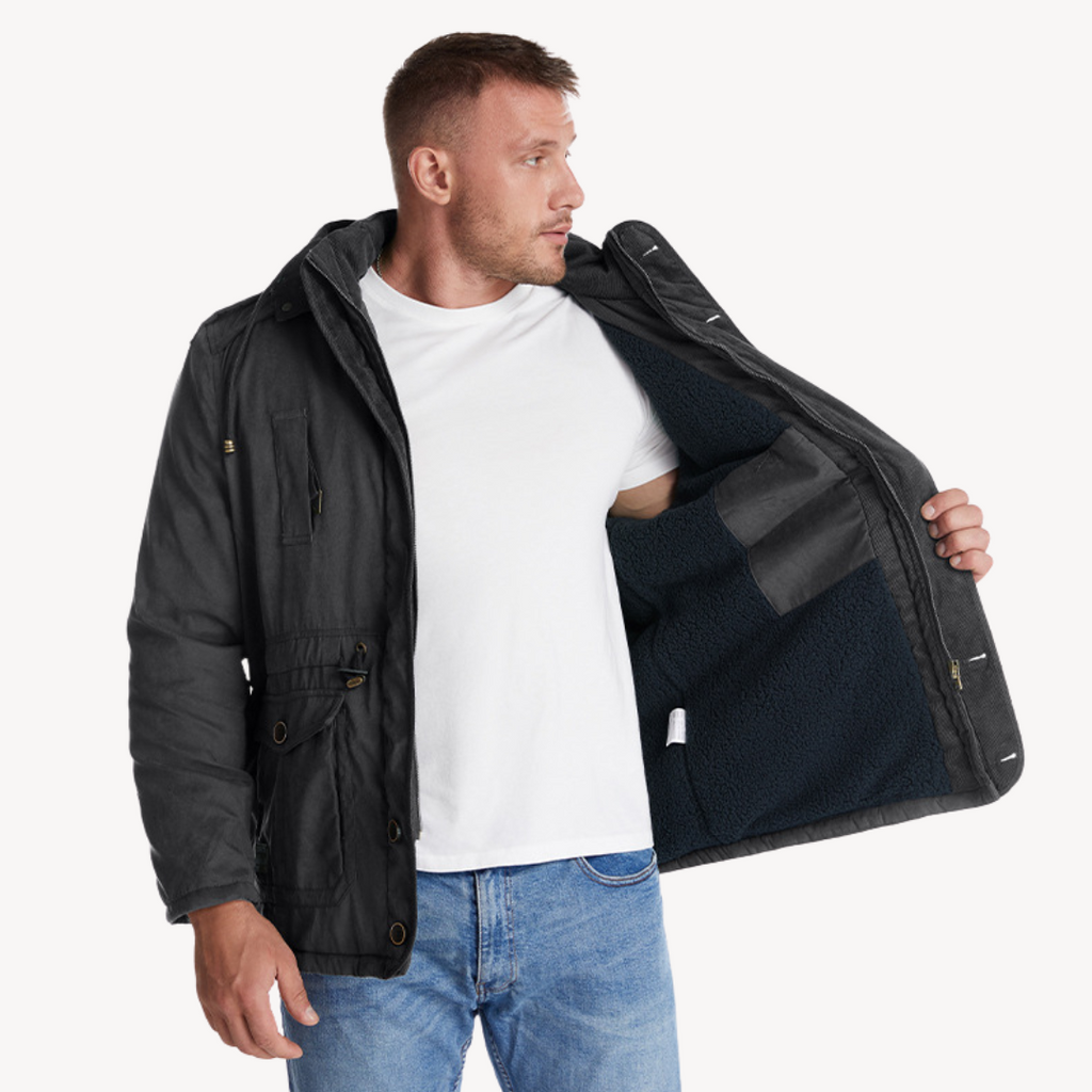 Men’s Hooded Utility Jacket – Zip-Through Parka with Lined Interior & Multi Pockets
