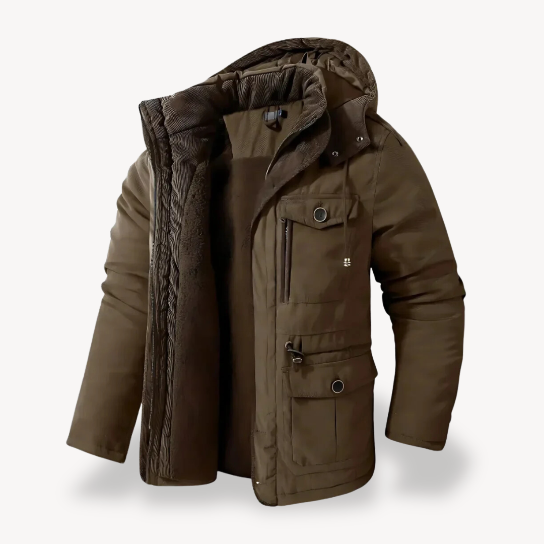 Men’s Hooded Utility Jacket – Zip-Through Parka with Lined Interior & Multi Pockets