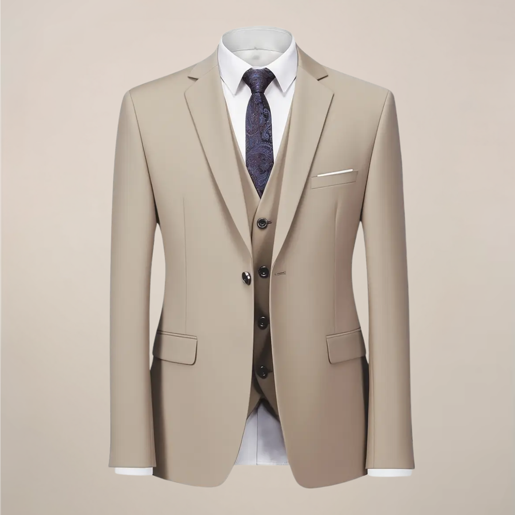 Men’s Khaki Three-Piece Suit – Slim Fit Tuxedo for Weddings and Formal Occasions