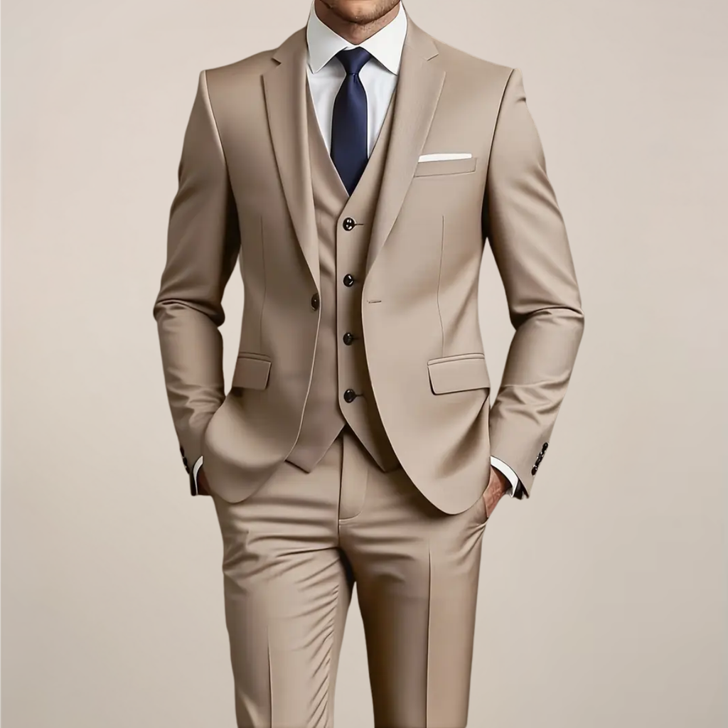 Men’s Khaki Three-Piece Suit – Slim Fit Tuxedo for Weddings and Formal Occasions