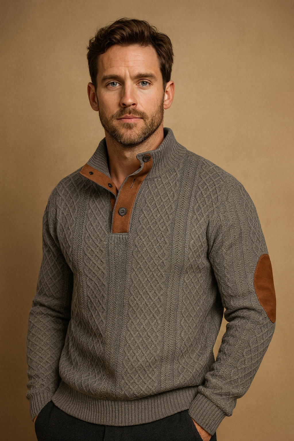 Men’s Knitted Sweater – Classic Jacquard Design with Button Collar and Elbow Patches