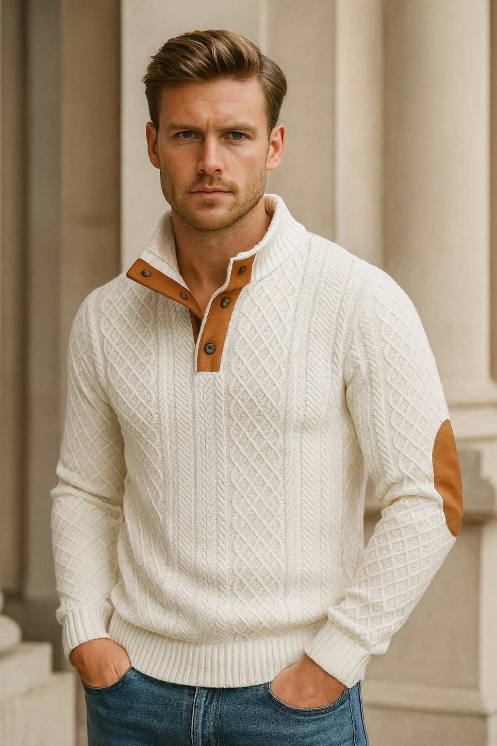 Men’s Knitted Sweater – Classic Jacquard Design with Button Collar and Elbow Patches