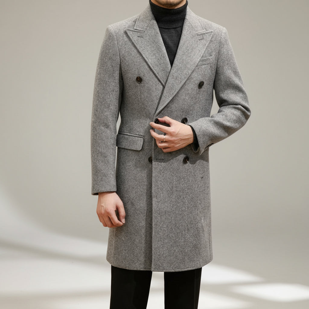 Men’s Light Grey Italian-Style Double-Breasted Overcoat – Tailored Winter Coat