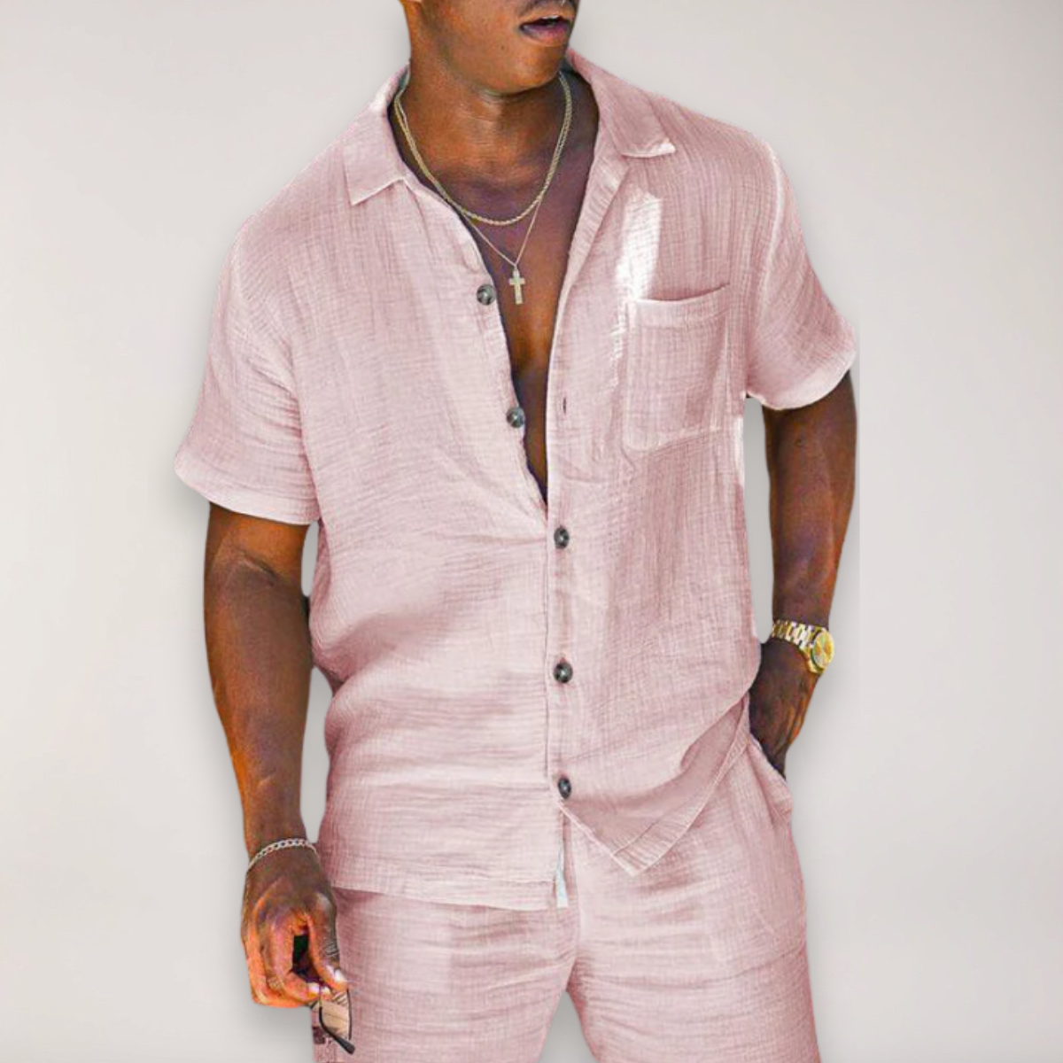 Men’s Linen Two-Piece Summer Set – Short Sleeve Shirt & Shorts with Relaxed Fit