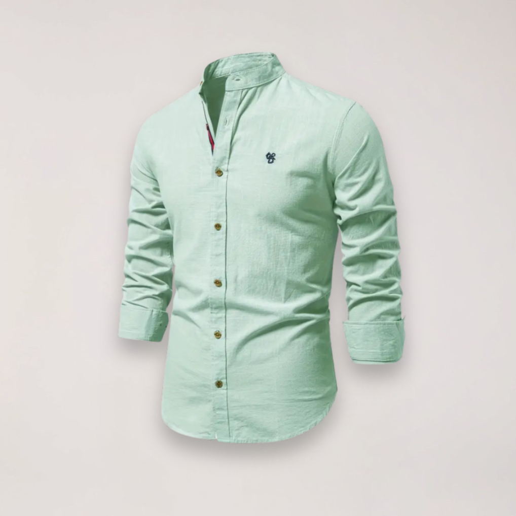 Men’s Long Sleeve Stand Collar Shirt – Embroidered Solid Design for Smart Casual Styling