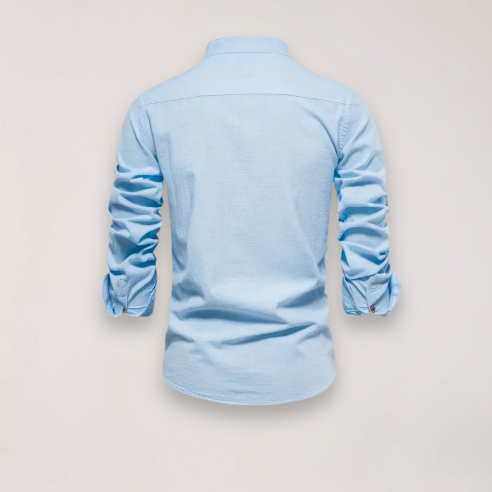Men’s Long Sleeve Stand Collar Shirt – Embroidered Solid Design for Smart Casual Styling