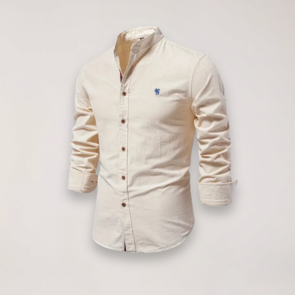 Men’s Long Sleeve Stand Collar Shirt – Embroidered Solid Design for Smart Casual Styling