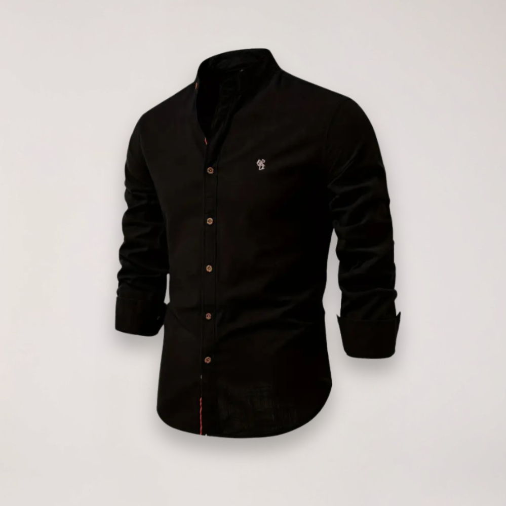 Men’s Long Sleeve Stand Collar Shirt – Embroidered Solid Design for Smart Casual Styling