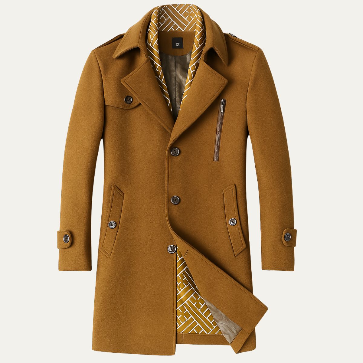 Men’s Military-Inspired Tailored Coat – Double-Breasted Longline Overcoat