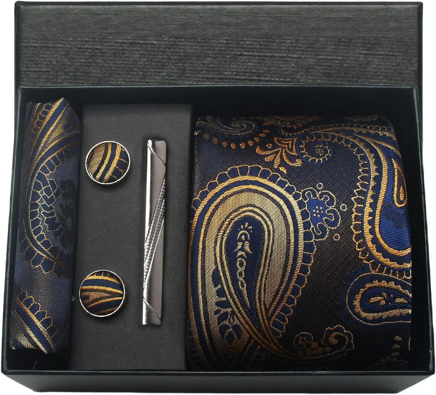 Men’s Paisley Tie Gift Set – Formal Necktie, Pocket Square, Cufflinks & Clip in Box