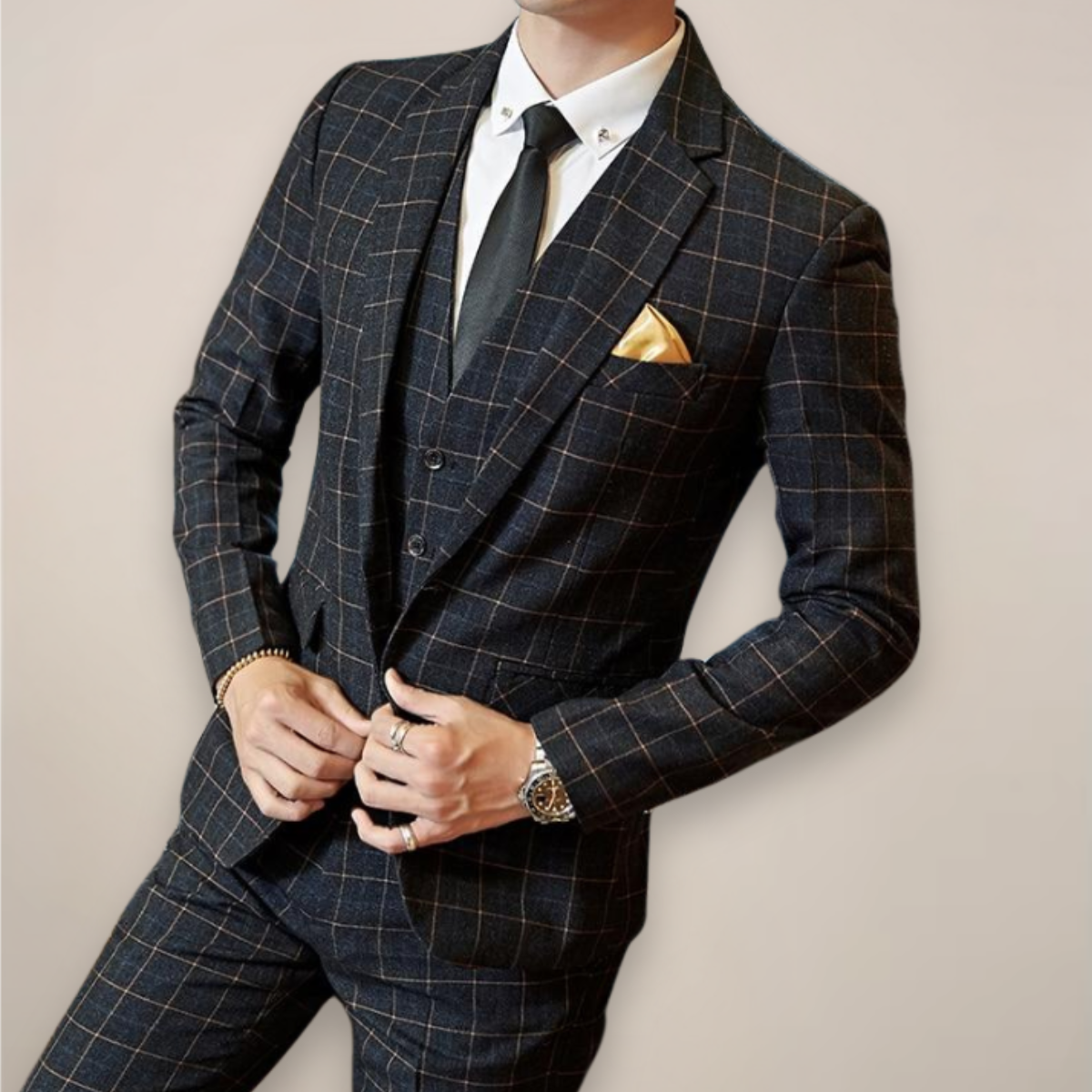 Men’s Plaid Two-Piece Formal Suit – Slim Fit Checked Blazer & Trousers
