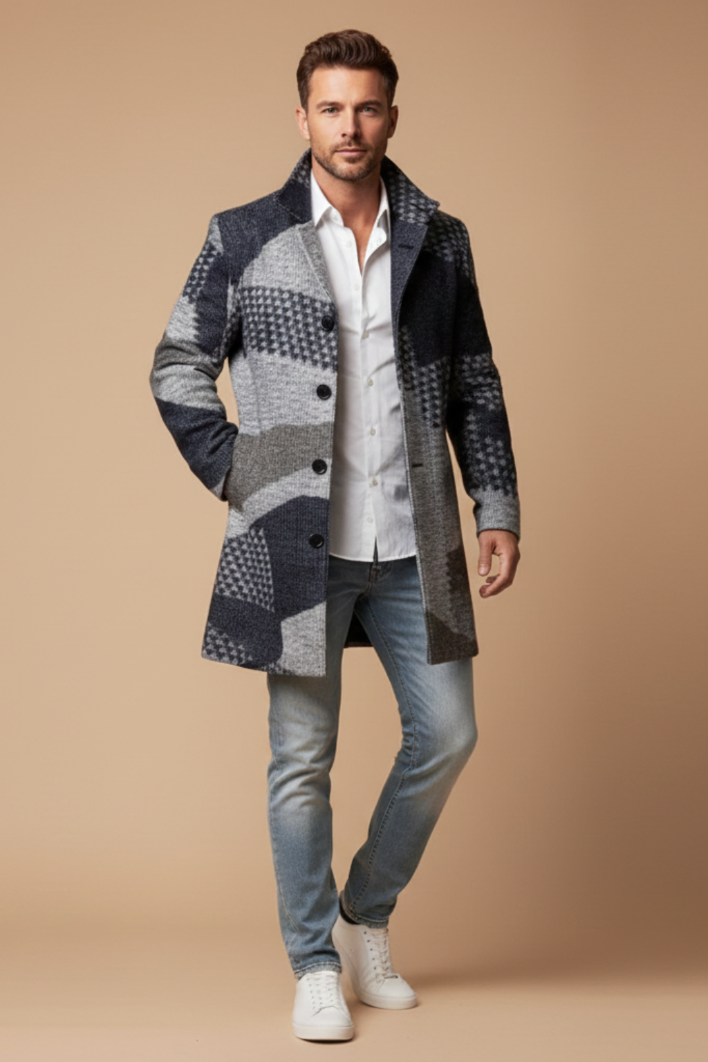Men’s Single-Breasted Coat – Tailored Longline Jacket for Autumn and Winter Wear