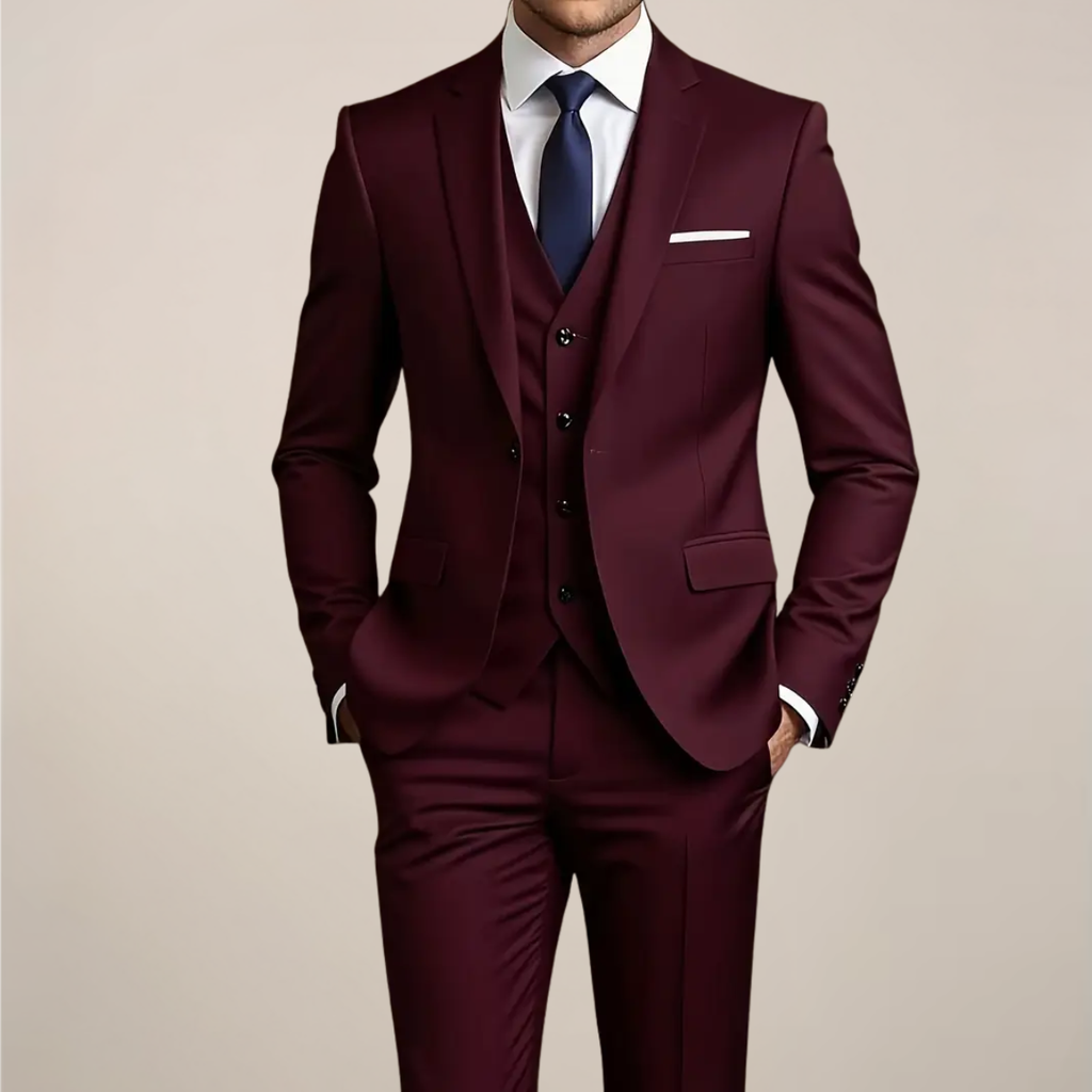 Men’s Slim Fit Three-Piece Suit – Tailored Burgundy Ensemble for Weddings & Formal Events