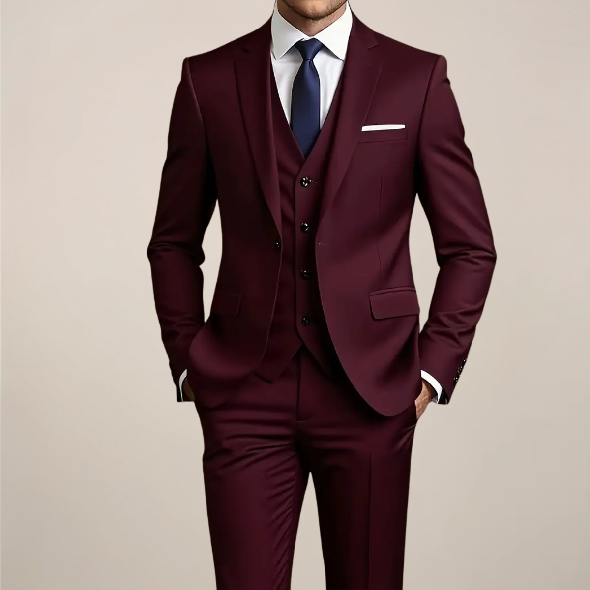 Men’s Slim Fit Three-Piece Suit – Tailored Burgundy Ensemble for Weddings & Formal Events