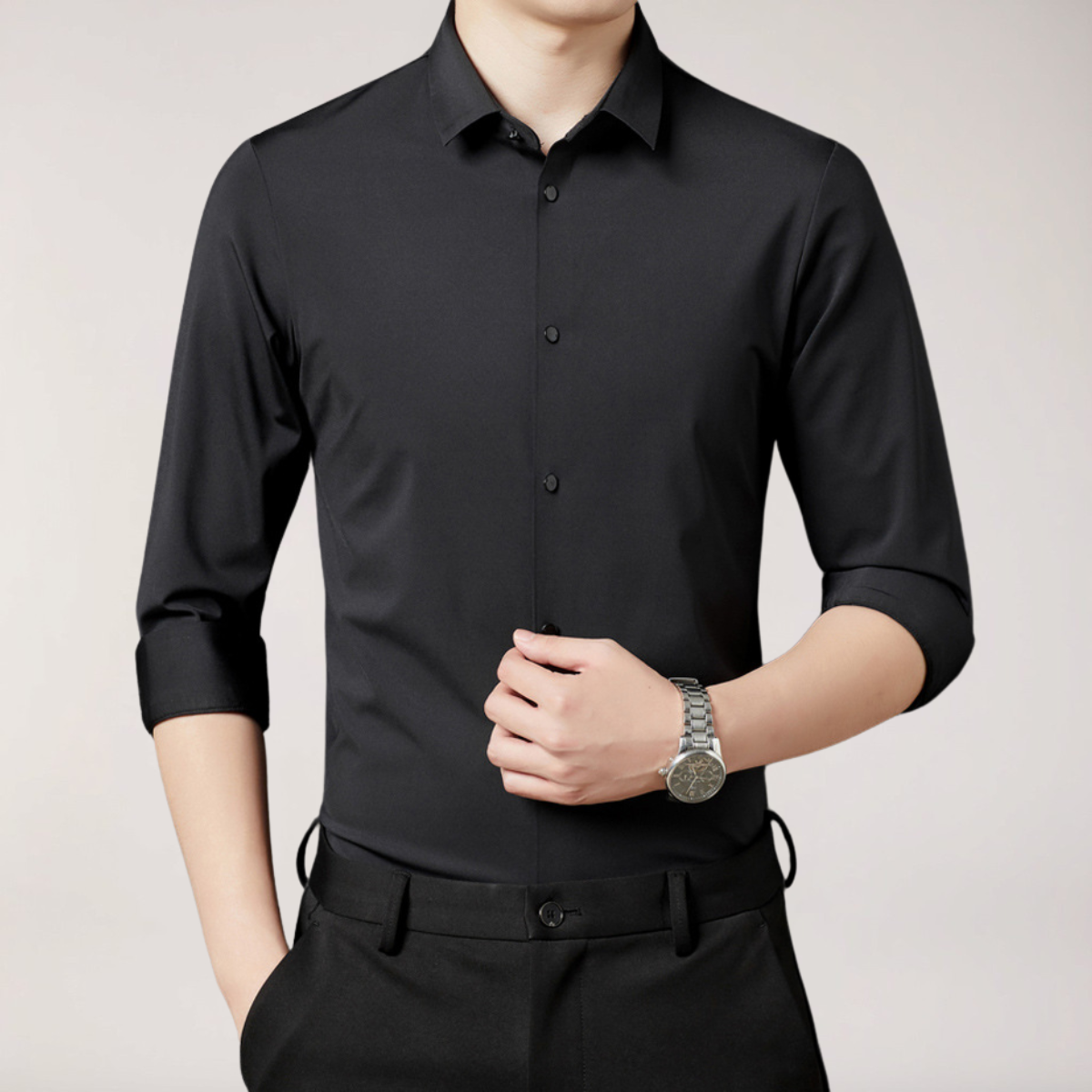 Men's Stretch Button-Up Shirt – Slim Fit Long Sleeve Dress Shirt for Business & Casual Wear