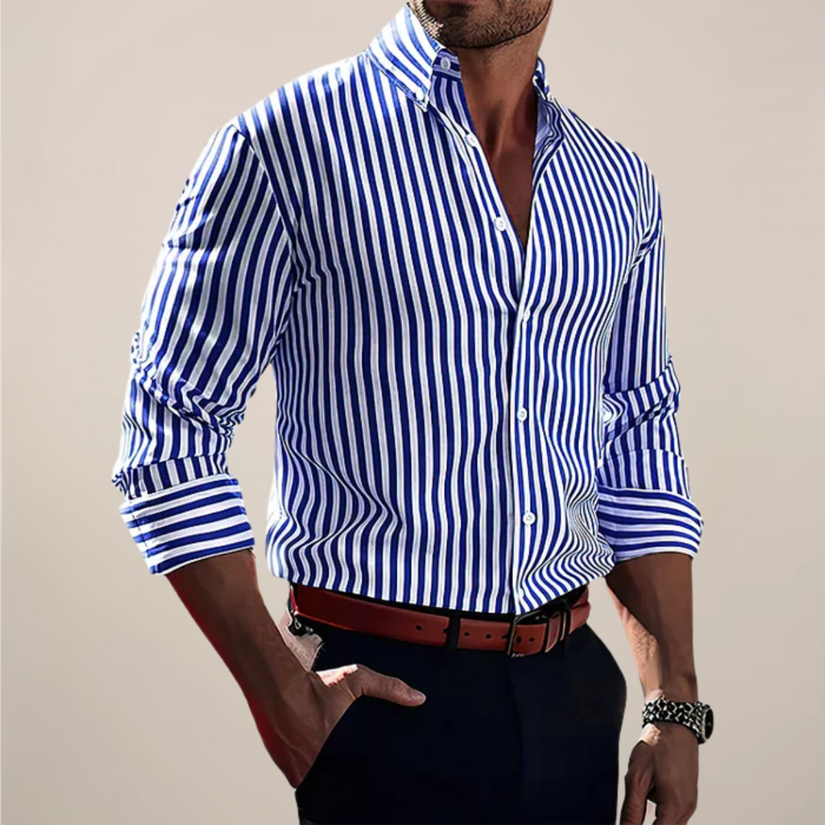 Men’s Striped Long Sleeve Shirt – Classic Smart Casual Button-Up