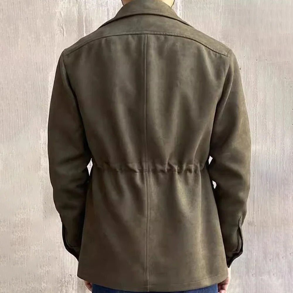 Men’s Suede-Look Hunting Jacket – Four-Pocket, Button Front, Notch Collar