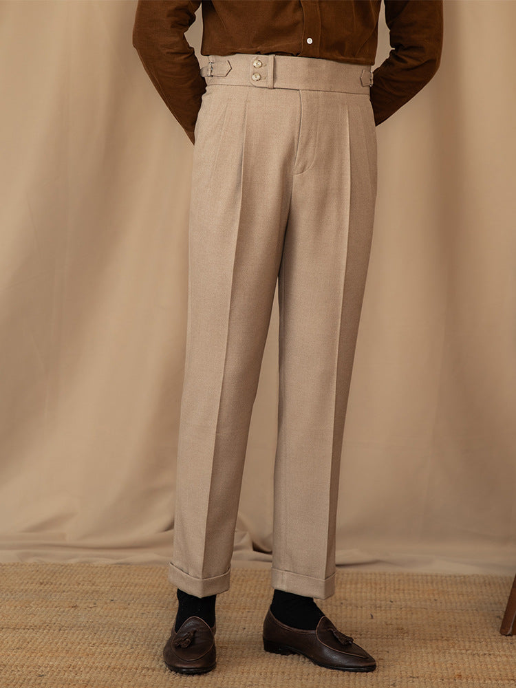 Men’s Tailored Trousers – Wool Blend – High-Rise Waist – Pleated Front – Cuffed Hem