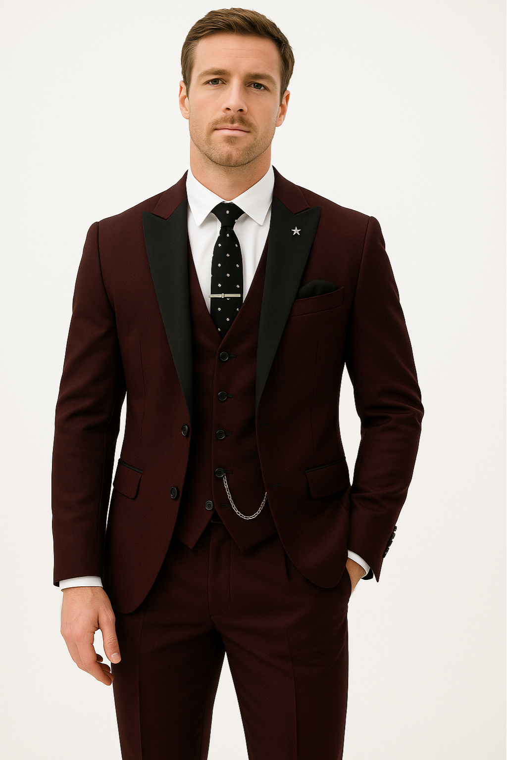 Men’s Three-Piece Suit – Burgundy, Tailored Formal Set
