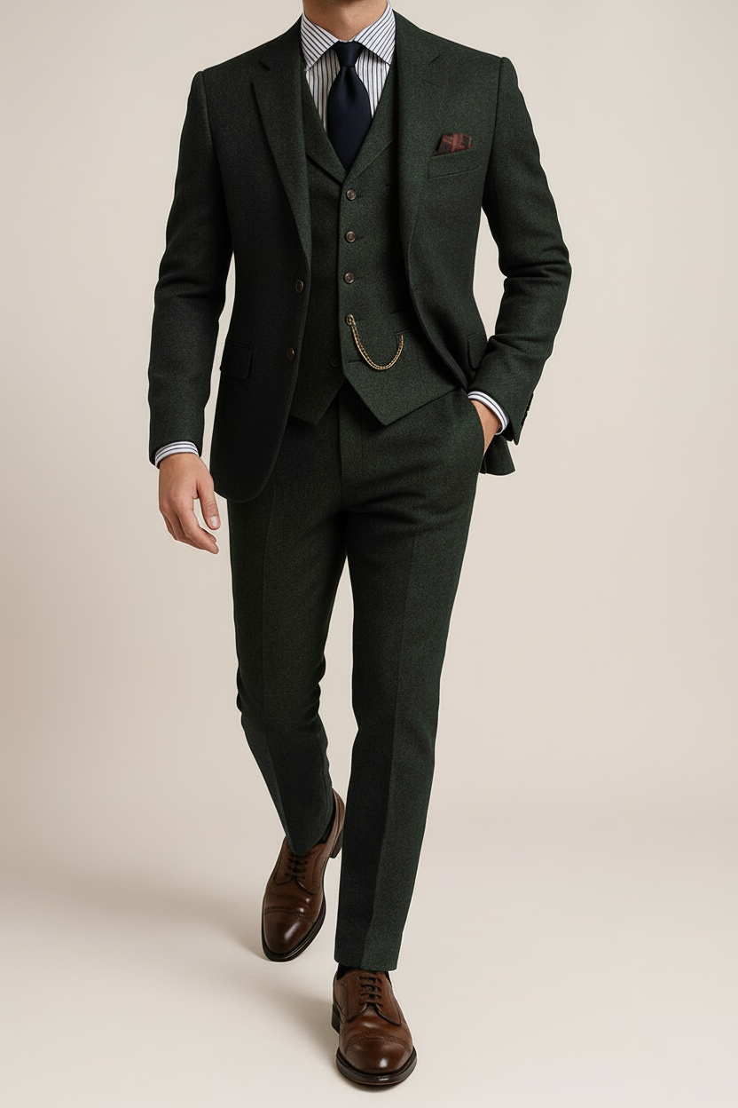Men’s Tweed Green 3-Piece Tailored Suit – Classic Tuxedo