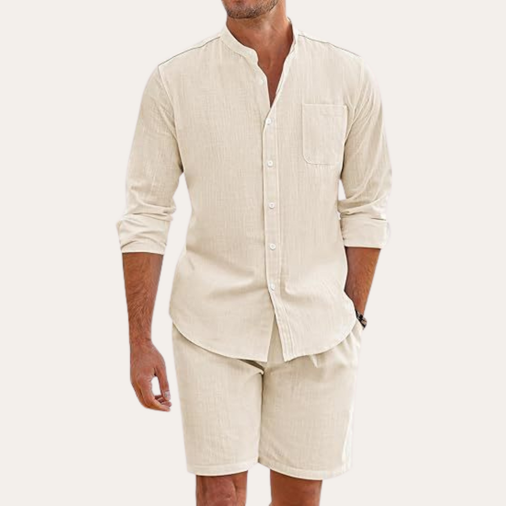 Men’s Two-Piece Summer Set – Long Sleeve Shirt and Shorts – Relaxed Fit – Lightweight and Breathable