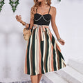 Women's Black Striped A-Line Dress - Chain Detail Bow Waist Casual