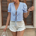 Women's Blue Checkered Puff Sleeve Crop Top - Tie-Front Summer Style