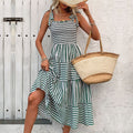 Women's Green Striped Tiered Midi Dress - Adjustable Straps, Summer Style