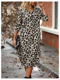 Women's Leopard Print Button-Up Midi Dress - Versatile Casual & Elegant