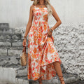 Women's Light Orange Tiered Floral Midi Dress - Spaghetti Straps, Flowy Summer
