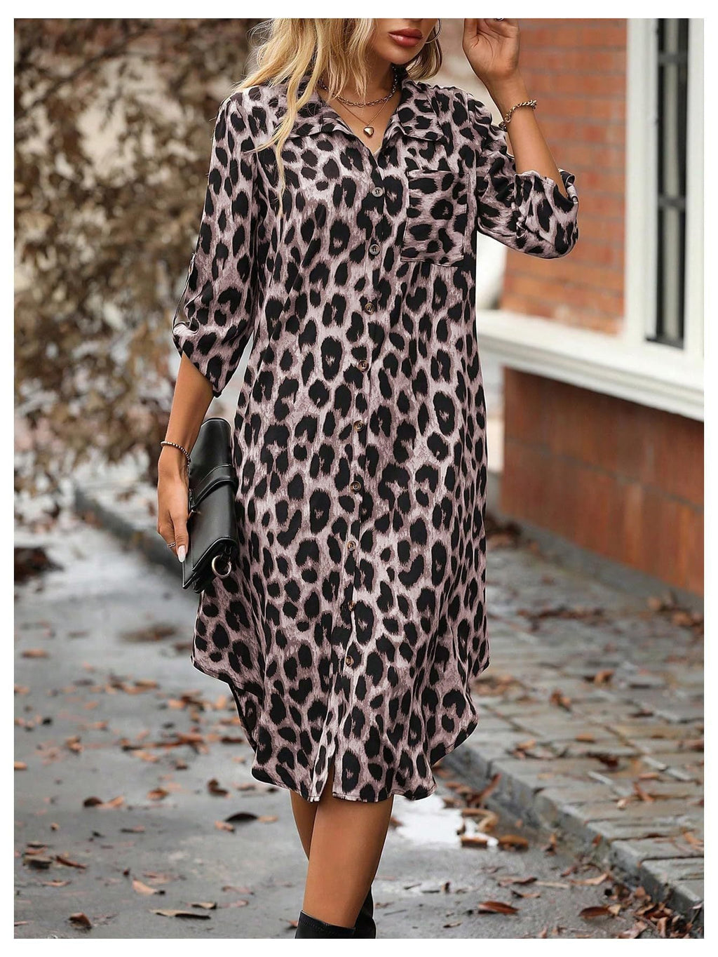Women's Leopard Print Button-Up Midi Dress - Versatile Casual & Elegant