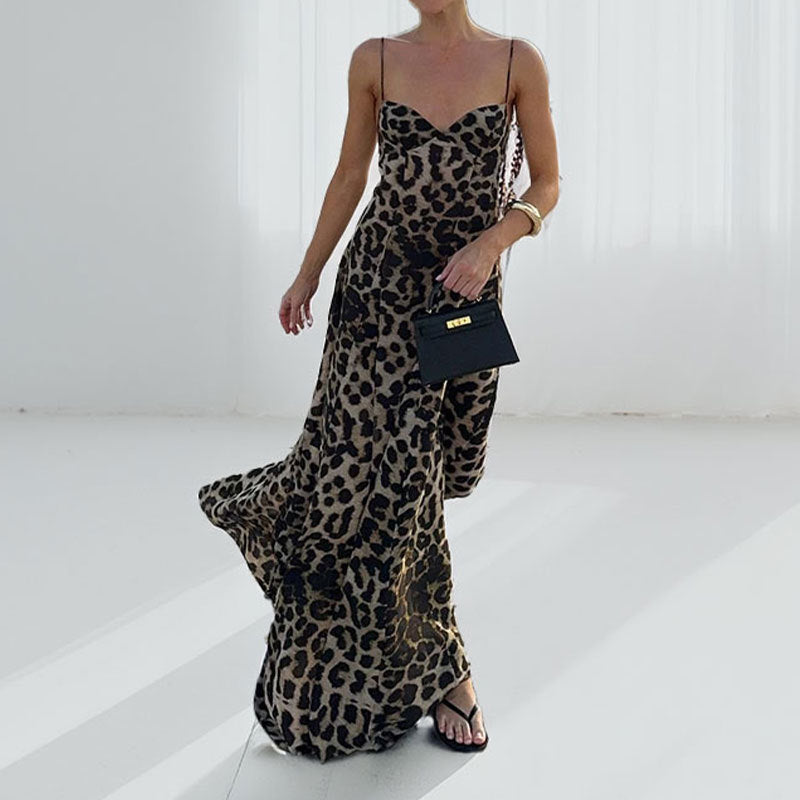 Women's Leopard Print Heart Neckline Evening Maxi Dress - Flowing Elegant
