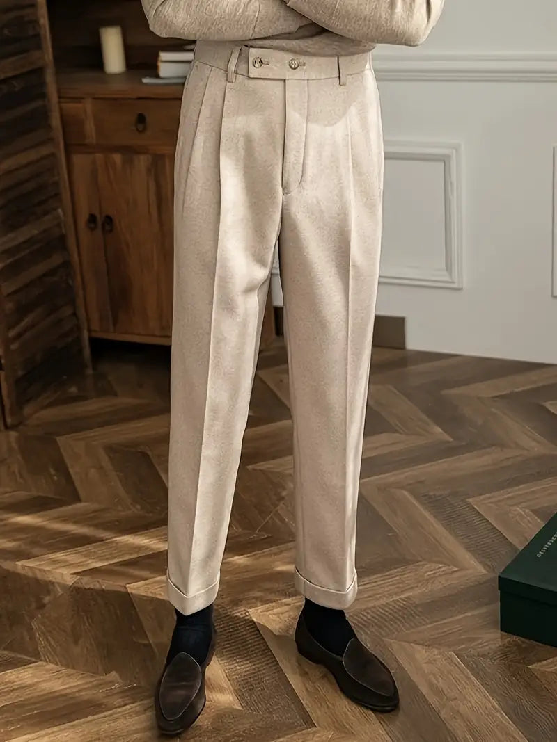 Pleated British Style Tailored Trousers - Straight Fit High Rise