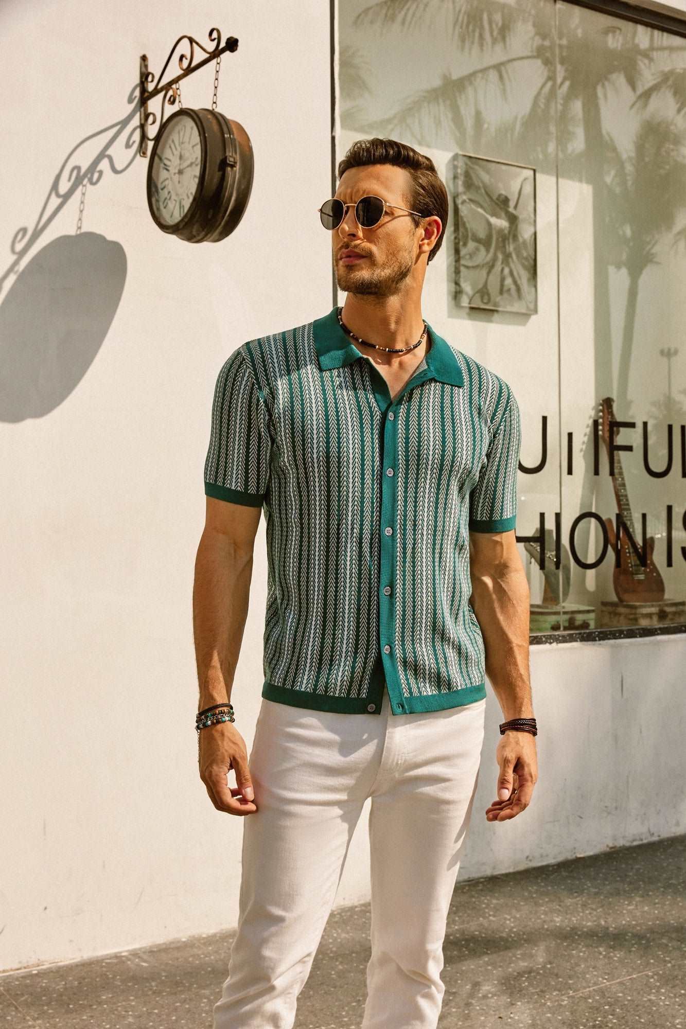Retro Striped Button-Down Polo Shirt – Short Sleeve Vintage Look for Men