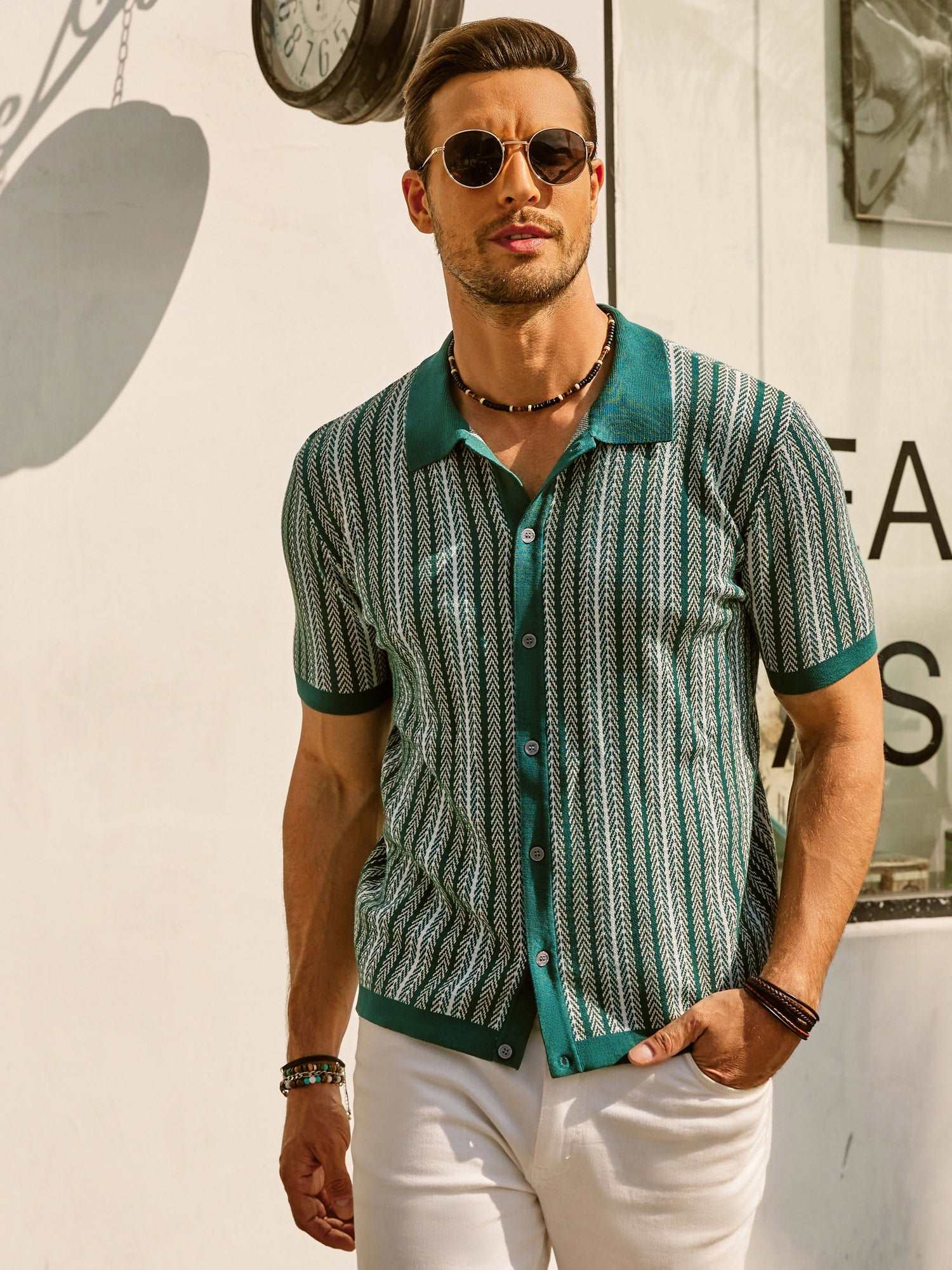 Retro Striped Button-Down Polo Shirt – Short Sleeve Vintage Look for Men