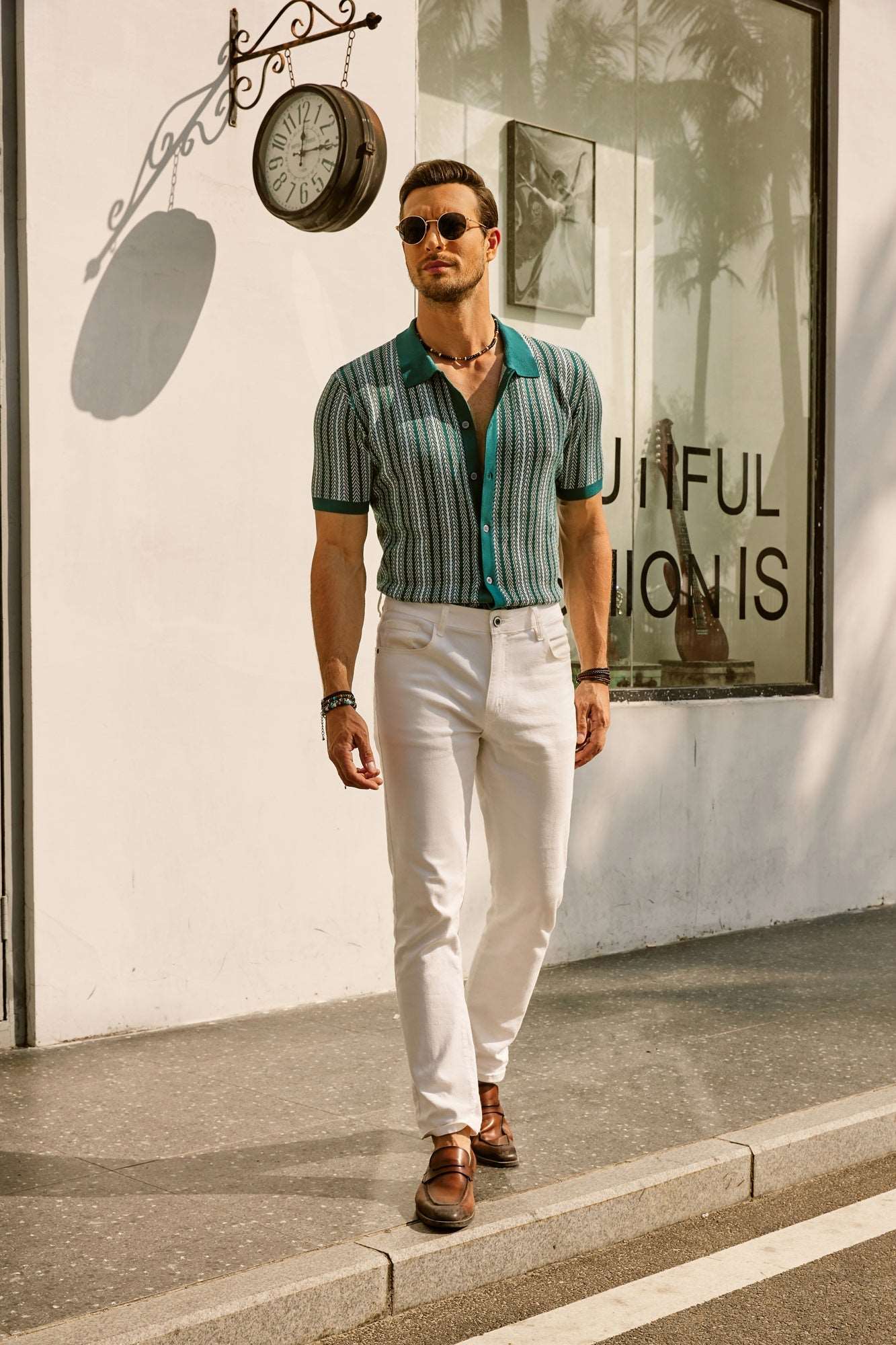 Retro Striped Button-Down Polo Shirt – Short Sleeve Vintage Look for Men