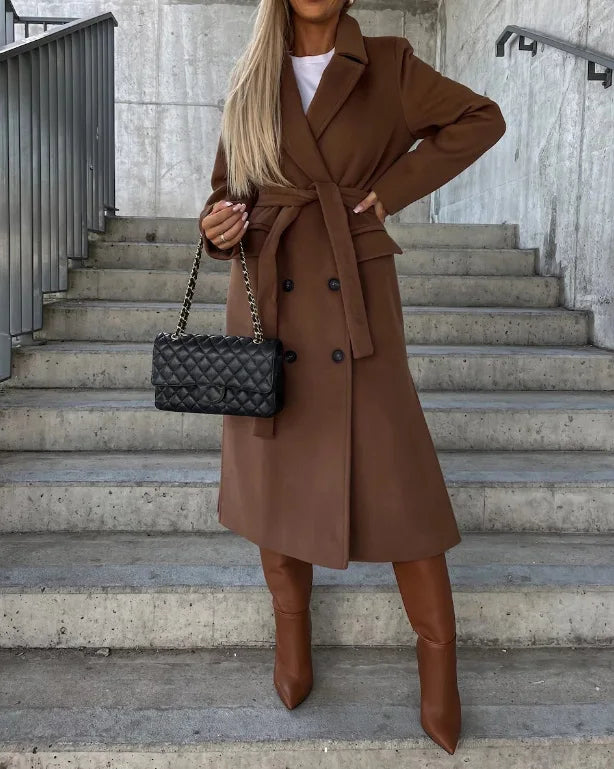 Talia Long Coat Woman – Elegant Winter Trench with Belt & Warm Lining