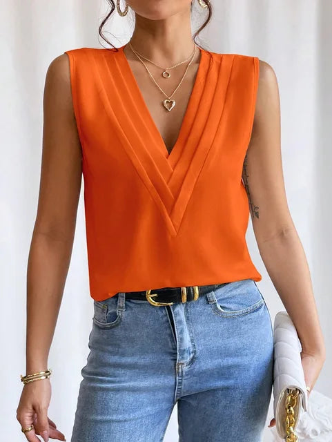 Women's Sleeveless V-Neck Pleated Top - Elegant Casual
