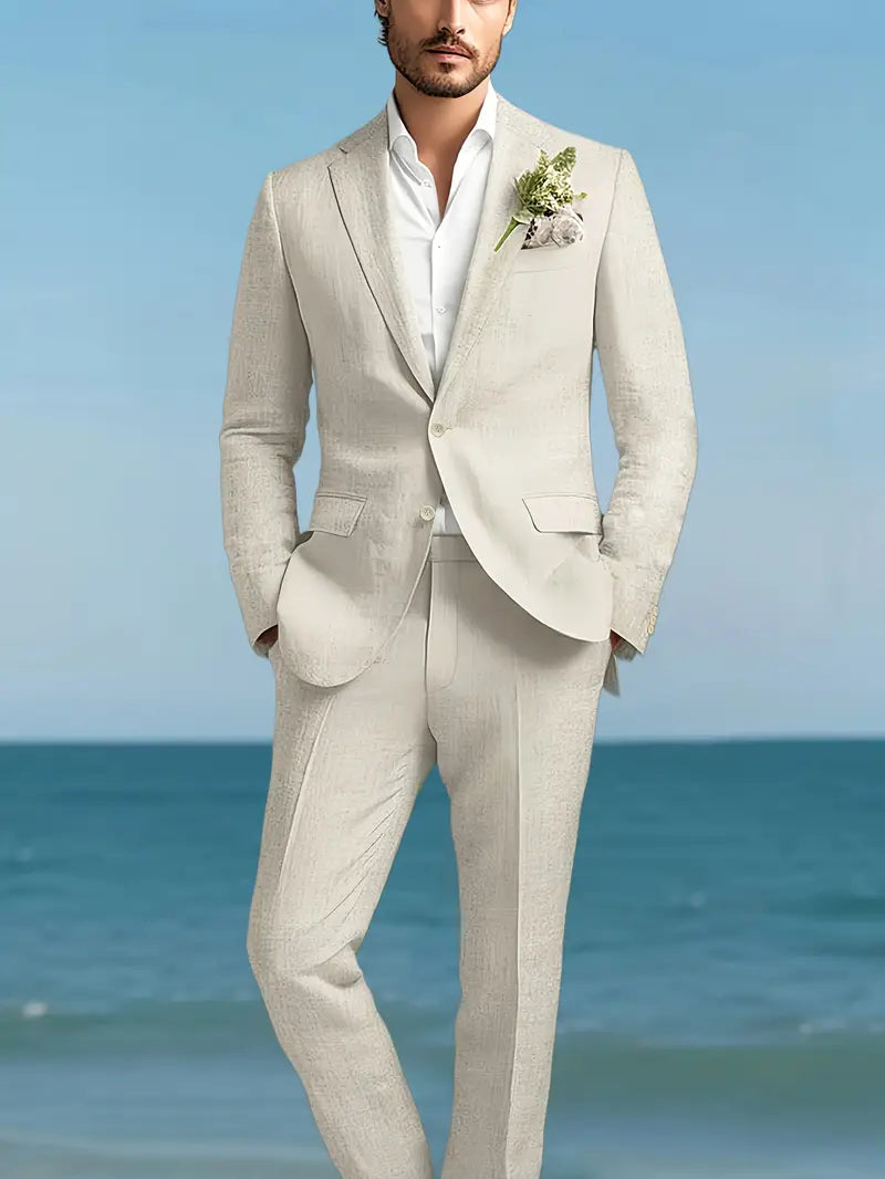 Two-Piece Linen Blend Men’s Suit – Slim Blazer & Trousers for Business & Weddings