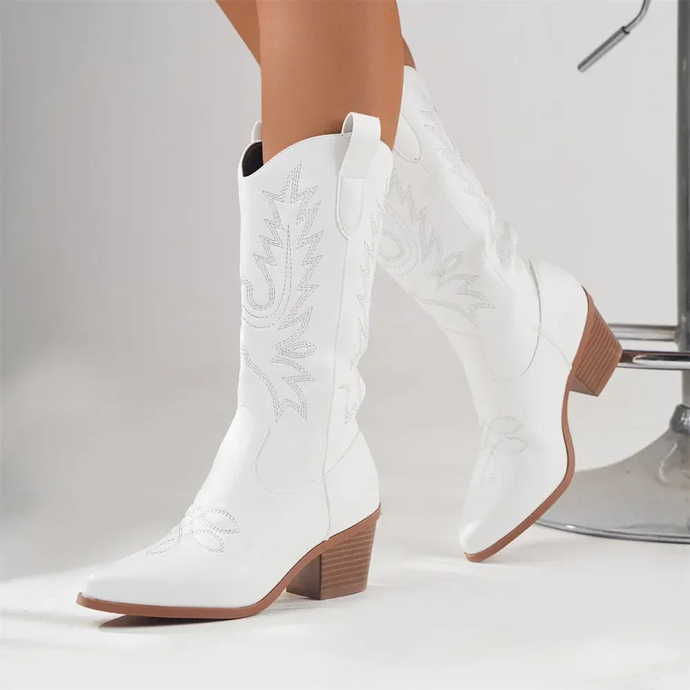 Women’s Western Knee-High Boots – Embroidered Detailing & Block Heel