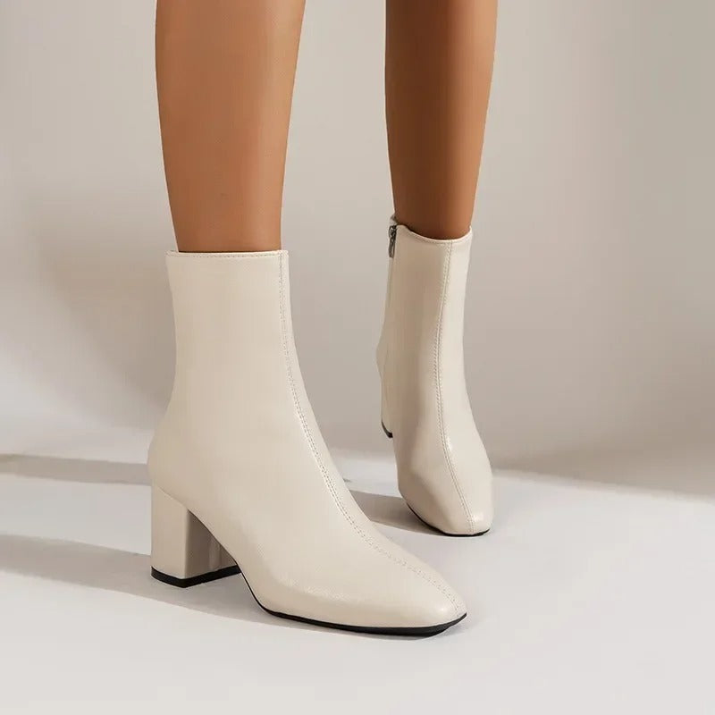 Women’s Ankle Boots – Block Heel Zip-Up Boots with Pointed Toe