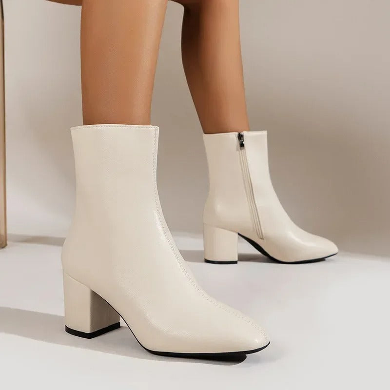 Women’s Ankle Boots – Block Heel Zip-Up Boots with Pointed Toe