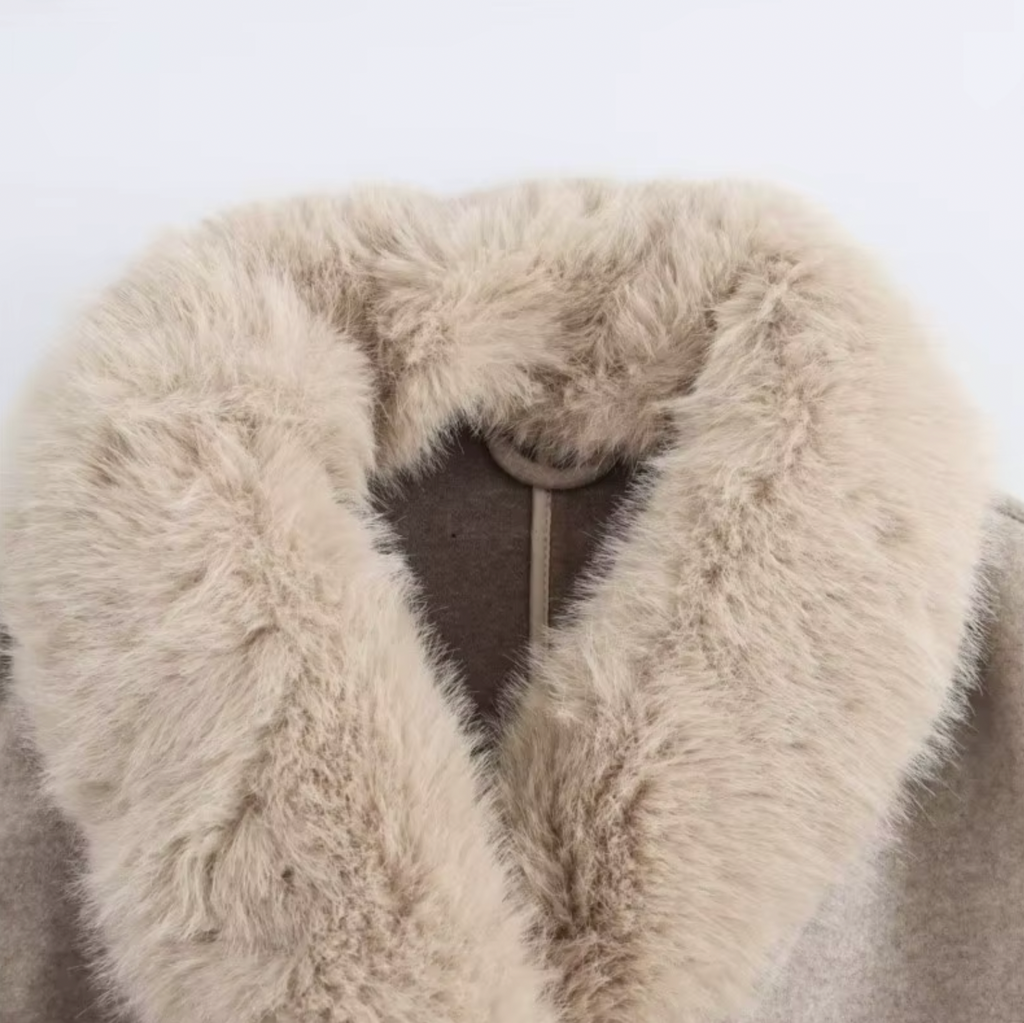 Women’s Beige Double-Breasted Trench Coat with Faux Fur Collar – Belted Longline Design