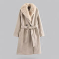 Women’s Beige Double-Breasted Trench Coat with Faux Fur Collar – Belted Longline Design