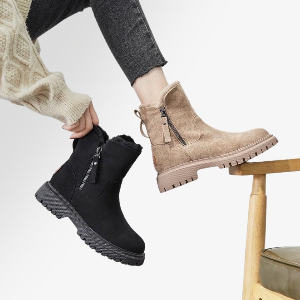 Women’s Black Ankle Winter Boots – Faux Fur Lined, Zip, Lug Sole